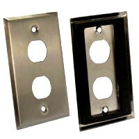 Alternate view of a two port stainless steel faceplate for keystone jacks.