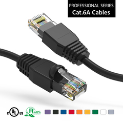 Black booted Cat6a patch cable, designed for structured wiring installations.