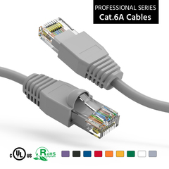 Gray booted Cat6a patch cable, ideal for various networking environments.