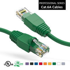 Green booted Cat6a patch cable, designed for efficient data transfer.