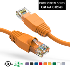 Orange booted Cat6a patch cable, designed for reliable data transmission.