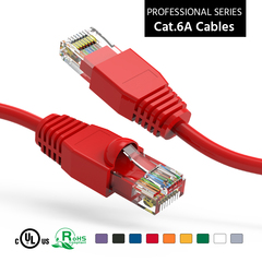 Red booted Cat6a patch cable, enhances network performance.
