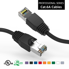 Cat6a shielded patch cable with black boot, featuring robust shielding for signal protection.