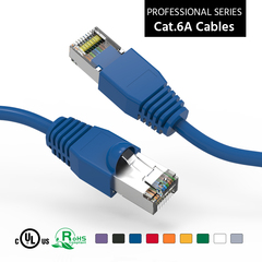 Cat6a shielded patch cable with blue boot, suitable for high-speed data applications.