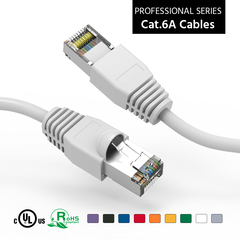 Shielded white booted Cat6a patch cable, ideal for high-performance networking.