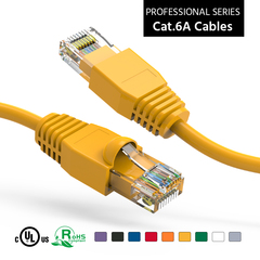 Yellow booted Cat6a patch cable, enhances network connectivity and speed.