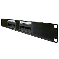 12-port patch panel for structured network cabling.