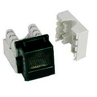 Black RJ45 keystone connector for network cabling applications.