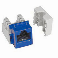 Blue RJ45 keystone connector for network cabling, suitable for Ethernet applications.