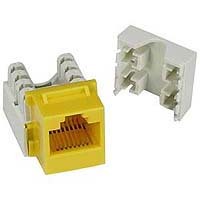 Yellow RJ45 keystone connector ideal for organizing network cables in Ethernet setups.