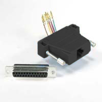Black RJ45 to DB25F modular adapter for reliable network and data connectivity.
