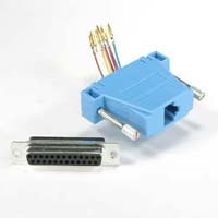 Blue RJ45 to DB25F modular adapter for versatile network and data connections.