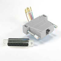 Gray RJ45 to DB25F modular adapter for connecting network cables to DB25 female ports.