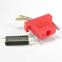 Red RJ45 to DB25M modular adapter for versatile network connectivity solutions.