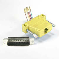 Yellow RJ45 to DB25M modular adapter for easy network and data interface connections.