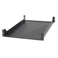 Adjustable 2U shelf for versatile equipment organization in racks.