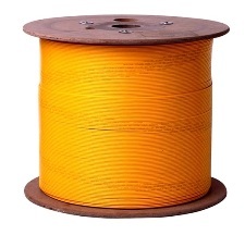 Yellow bulk fiber optic cable, designed for long-distance data transmission.
