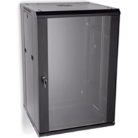 18U fixed wall mount cabinet for secure storage of networking devices.