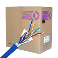 Blue Cat5e bulk STP cable, ideal for reducing interference in networking.