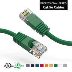 Green booted Cat5e patch cable, ideal for network applications.