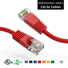 Red booted Cat5e patch cable, used for efficient network connections.