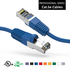 Cat5e shielded patch cable with blue boot, designed for optimal network performance.