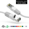 Cat5e shielded patch cable with white boot, providing enhanced protection for network use.