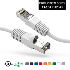 Cat5e shielded patch cable with white boot, perfect for reliable network connections.