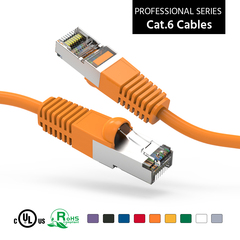 Cat6 shielded patch cable with orange boot, ideal for structured cabling and organization.
