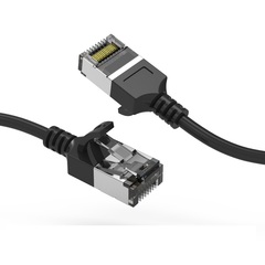 Cat8 black shield slimline patch cable with connectors at both ends.