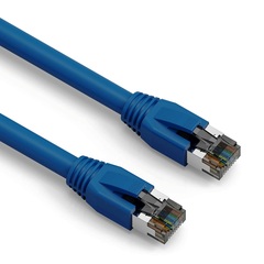 Blue Cat8 shielded patch cable, ideal for high-performance networking environments.
