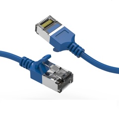 Cat8 blue shield slimline patch cable with connectors on each end.