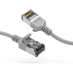 Cat8 gray shielded slimline patch cable, designed for tight spaces, 1-foot length.