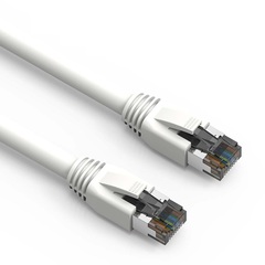 White Cat8 shielded patch cable designed for optimal data transmission performance.