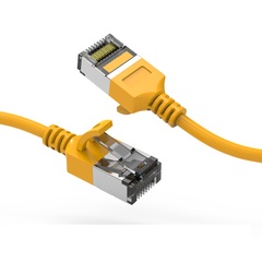 Cat8 yellow shielded slimline patch cable with connectors on each end.