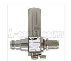 Coaxial lightning surge protector with bulkhead female-female connectors for secure installation.