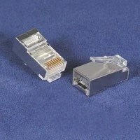 Shielded RJ45 connector for Cat5e cables, enhances signal integrity.