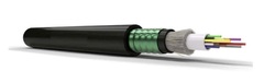 Direct burial armored fiber optic cable, designed for underground installation and protection.