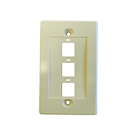 Beige three port keystone faceplate designed for network and multimedia connections.