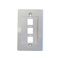 White three port keystone faceplate for enhanced network connectivity options.