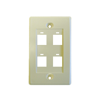 Beige four port keystone faceplate suitable for multiple network installations.