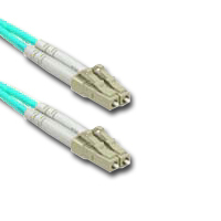 Detailed view of LC to LC OM3 fiber optic cable connector, showcasing the connector housing.