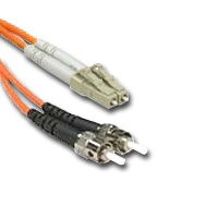 Fiber optic LC to ST multimode cable, 4 connectors, designed for high-speed data transmission.