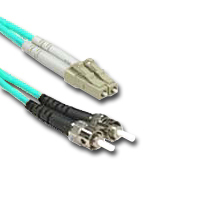 Close-up of LC to ST OM3 fiber optic cable connectors.