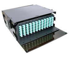 4U fiber patch panel featuring multiple fiber optic ports.