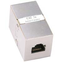 Inline shielded coupler for Cat5e cables to reduce interference.
