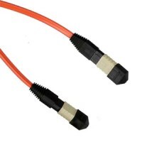 MTP fiber optic cable OM2 with three connectors for network applications.
