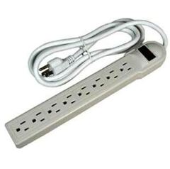 White 8-outlet power strip with surge protection for safe electrical distribution.