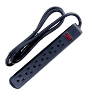 Black power strip with multiple outlets for convenient power distribution in setups.