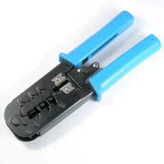RJ-11, RJ-12, and RJ-45 ratchet crimp tool for telephone and network cables.